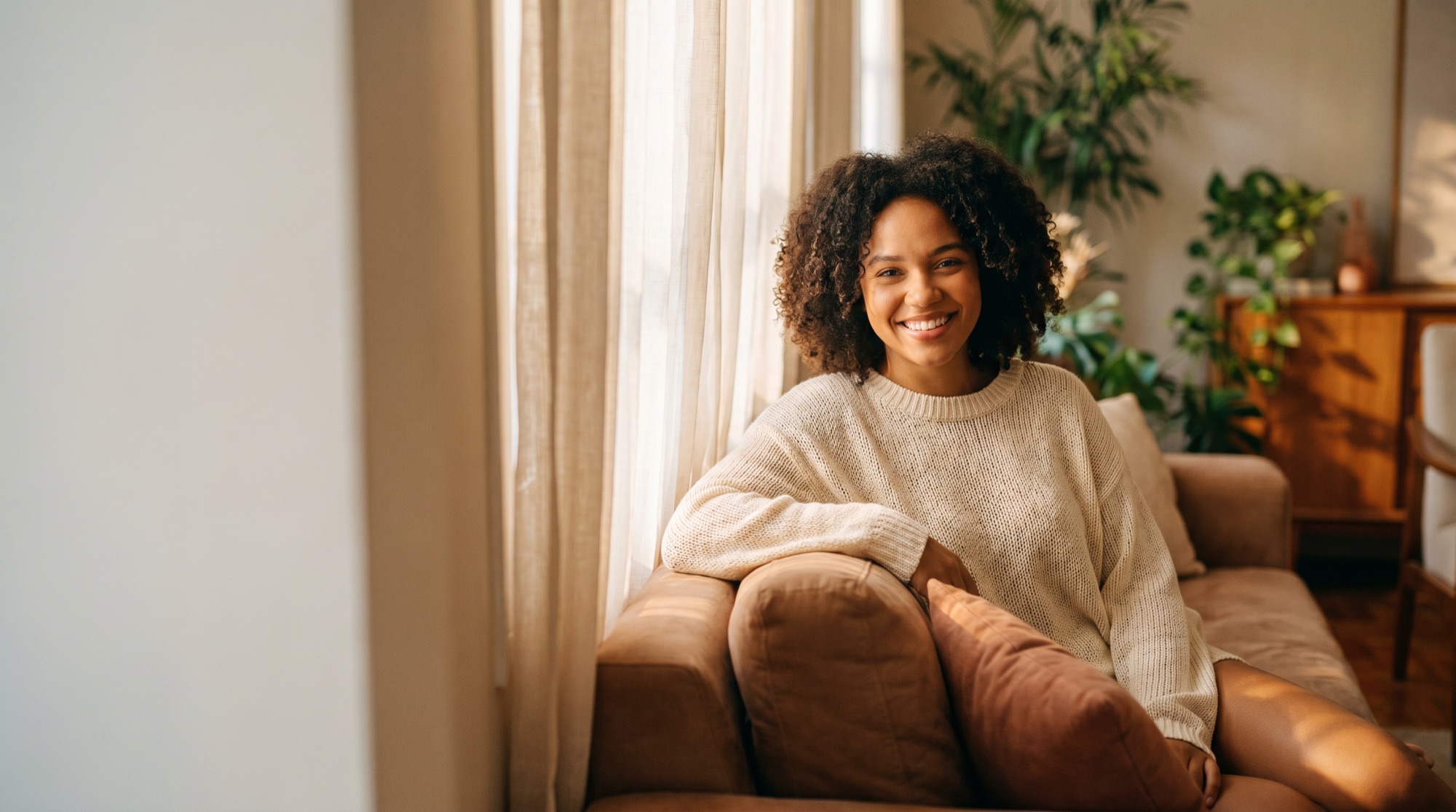 Mulher sorrindo, sentada em um ambiente acolhedor e iluminado